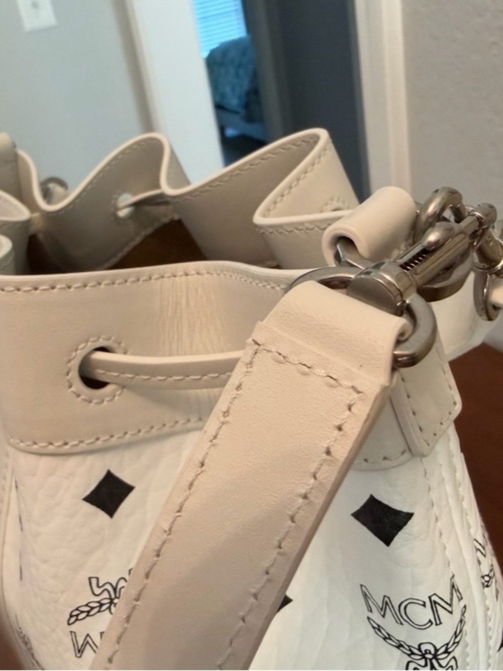 MCM White Logo Drawstring Bucket Bag with Black Motif, Authentic - Picture 4 of 8